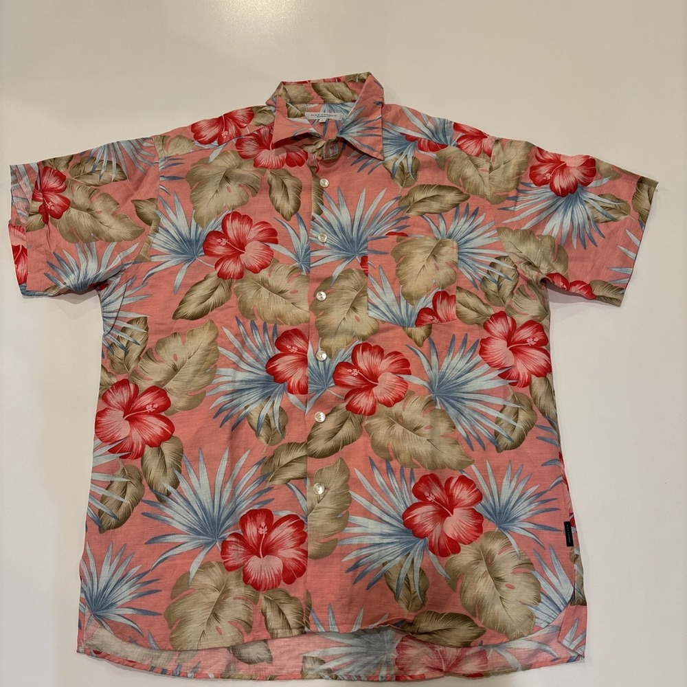 Alex Cannon Men's L Pink Tropical Linen Shirt Short Sleeves